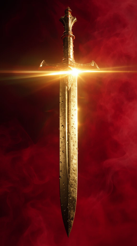 A downward-pointing metallic gold sword centers a deep crimson background of swirling smoke. An intense horizontal lens flare bursts from the ornate hilt, casting a bright golden glow across the weathered blade dotted with water droplets in a cinematic, high-contrast composition.