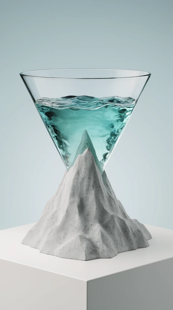 surreal minimalist sculpture, white cubic pedestal, inverted triangular glass vessel containing rippling aquamarine water, vessel resting on a textured light grey concrete mountain, the concrete apex piercing the bottom vertex and submerged in the water, soft studio lighting, seamless blue-grey background