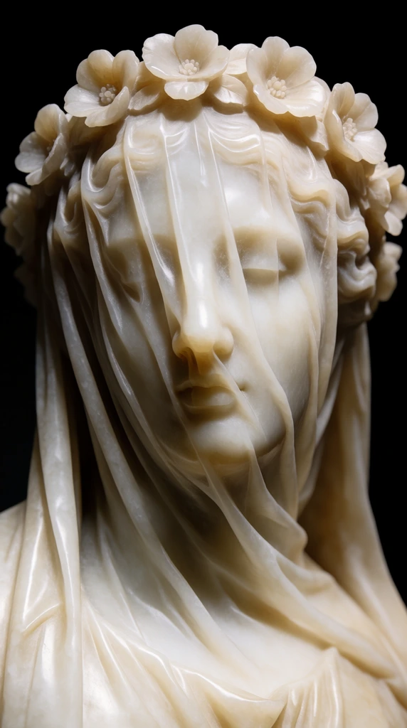 neo-classical marble bust of a veiled woman, face tightly draped in a sheer carved stone veil, wreath of sculpted flowers crowning the head, veil clinging to the contours of the nose and lips, delicate folds resembling wet fabric, smooth warm off-white marble texture, pitch-black background, soft dramatic lighting highlighting the translucent stone illusion, highly detailed sculptural carving