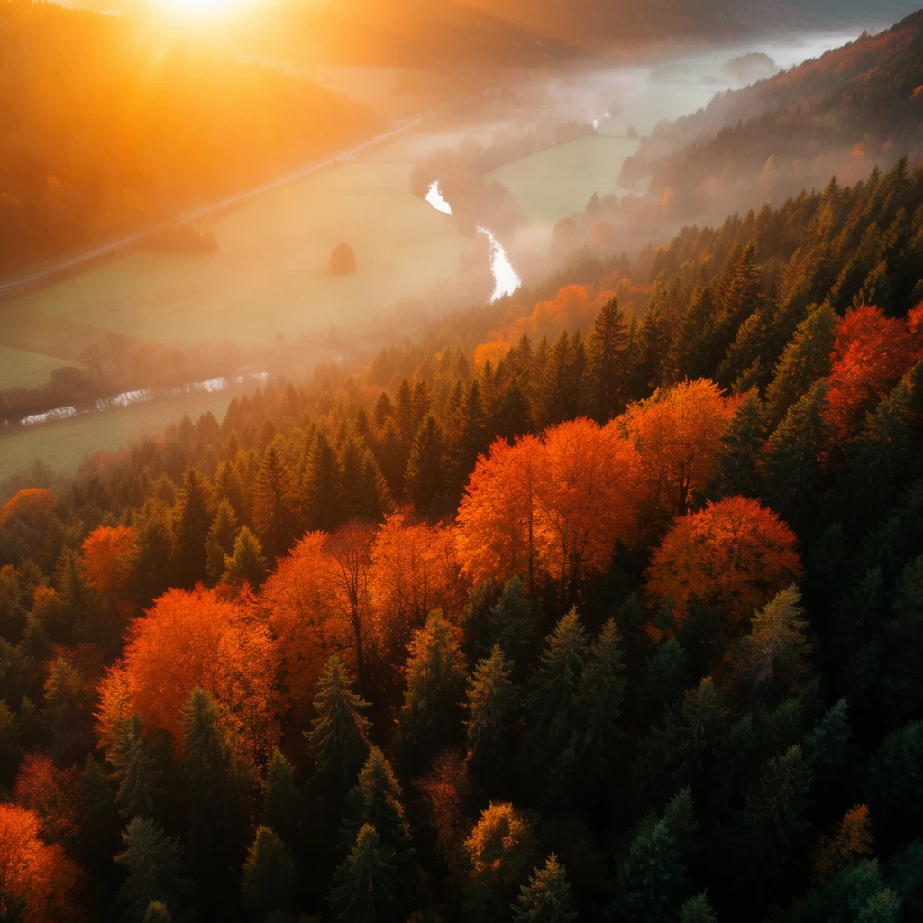 aerial drone shot of a dense autumn forest, intense golden hour sunlight glowing from upper left, hillside covered in deep green pines and vibrant orange deciduous trees, high contrast between sunlit canopies and deep shadows, misty valley floor below, winding reflective river cutting through pale green fields, distant road, atmospheric haze, warm autumnal color palette, majestic landscape photography, soft glowing mist