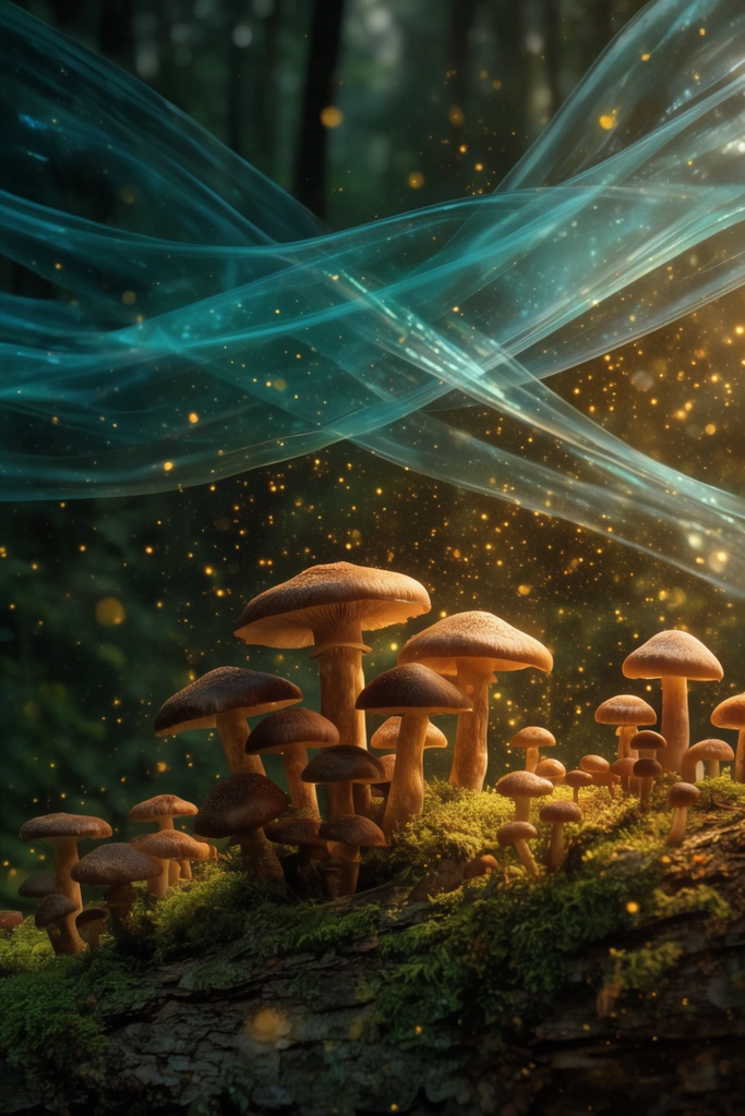 Brown mushrooms cluster on a mossy log in a dark forest amidst floating golden spores. A translucent teal ribbon weaves dynamically overhead. Warm cinematic light creates a photorealistic magical atmosphere.