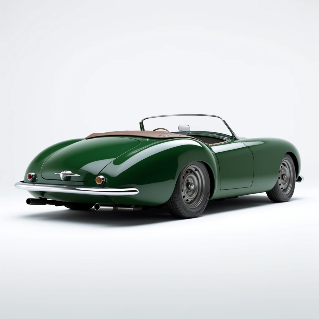 Glossy forest green vintage convertible sports car, rear three-quarter low angle view, smooth aerodynamic teardrop curves, pristine studio reflections, chrome rear bumper, dual exhaust pipes, small circular taillights, gray metallic steel wheels, lowered stance, thin chrome windshield frame, brown leather tonneau cover, pure white seamless studio background, high-end automotive photography, minimalist staging, sharp focus