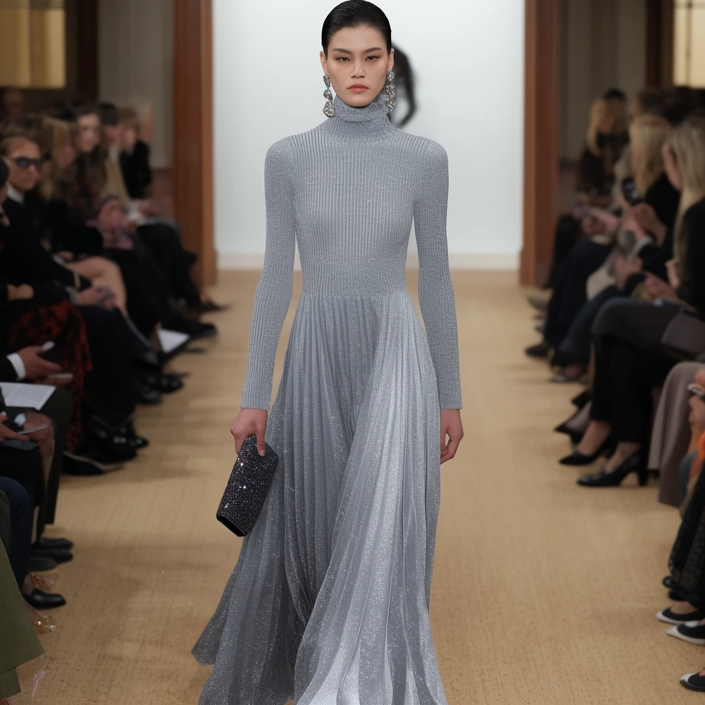 A fashion model walks a tan carpeted runway in a shimmering silver-grey long-sleeved turtleneck dress with a ribbed bodice and flowing pleated skirt. She carries a dark sparkly clutch and wears large silver drop earrings, framed by a blurred seated audience in a bright, wood-trimmed venue.