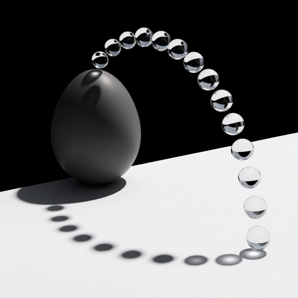 A minimalist 3D composition featuring a large, smooth, dark grey egg resting on the sharp diagonal boundary between a solid black backdrop and a stark white floor. A sequence of smaller, highly reflective glass spheres forms a perfect parabolic arc, tracing a trajectory from the apex of the egg down to the white surface. These floating orbs heavily distort the surrounding monochromatic environment in their reflections. Below them, a curving trail of crisp, circular drop shadows stretches across the pristine white floor, meeting the dense shadow cast by the egg itself. The surreal scene relies on high-contrast lighting, clean geometric precision, and a stroboscopic sense of motion frozen in time.