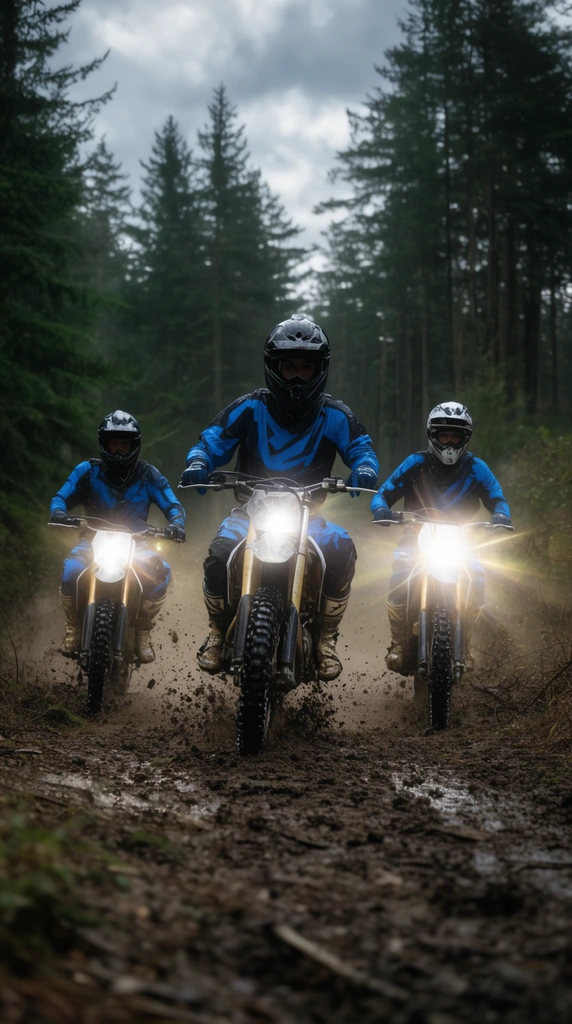 Three motocross riders in blue and black gear ride dirt bikes toward the viewer on a muddy forest trail. Bright headlights create lens flares as dirt kicks up from the tires against a backdrop of tall pine trees and a cloudy sky.