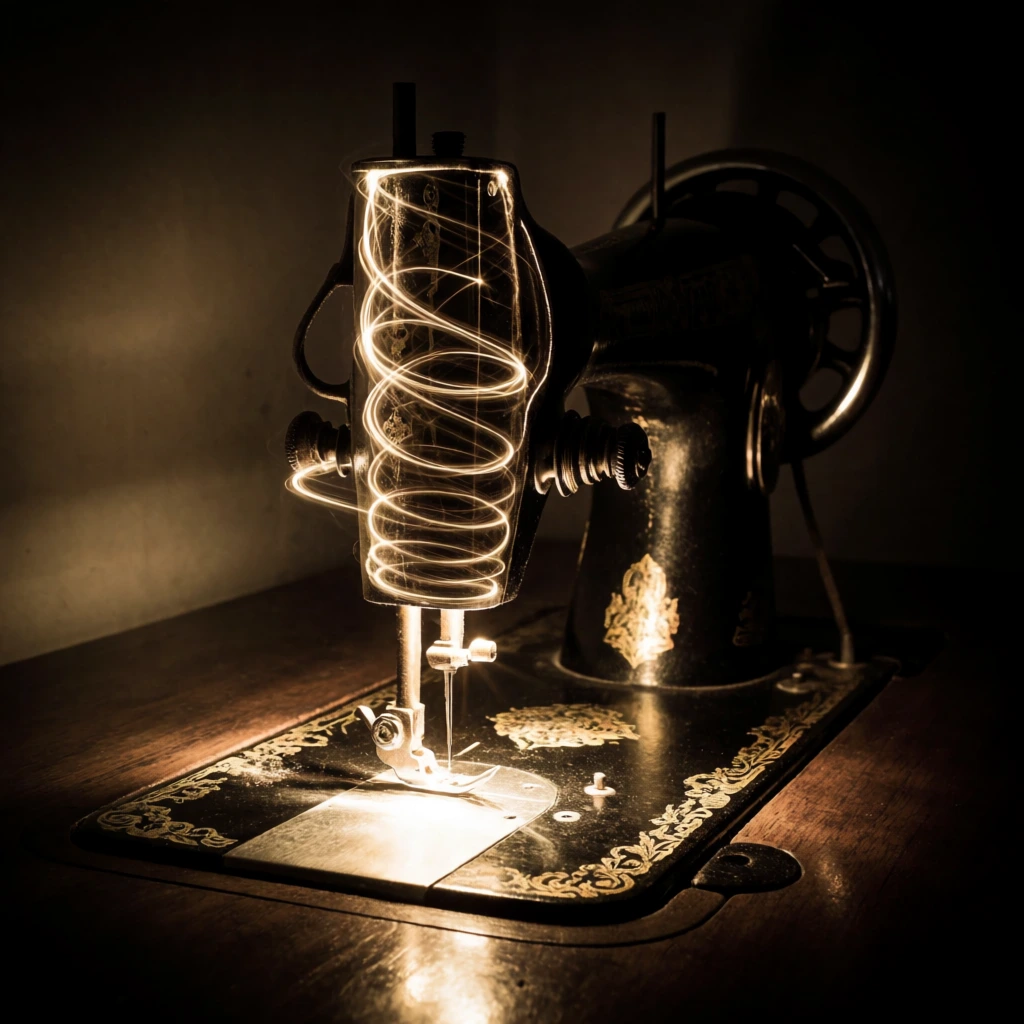 Vintage sewing machine, glowing needle plate, swirling golden light trails, dark background, long exposure photography, sepia tone, dramatic high contrast