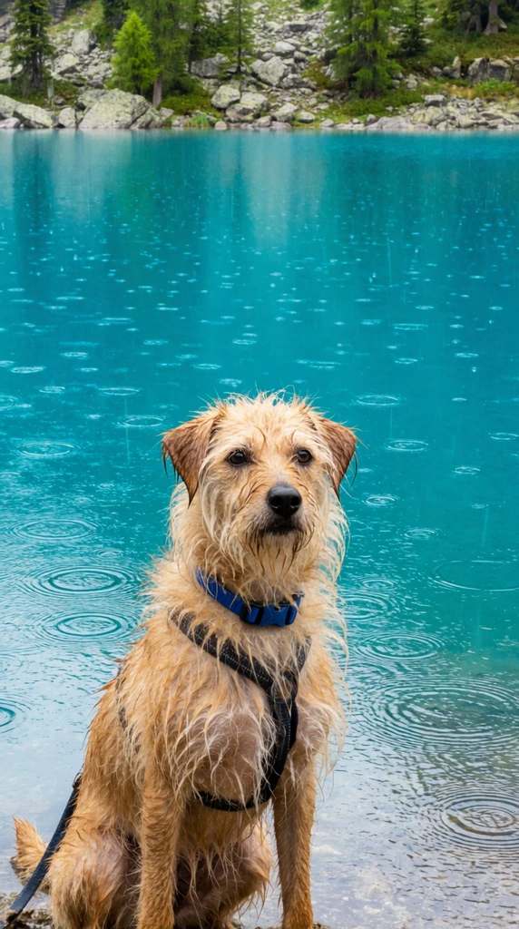 A wet, sandy-blonde scruffy dog wearing a blue collar and dark harness sits attentively before a vibrant turquoise alpine lake. Light rain soaks the dog's stringy fur and creates expanding ripples across the bright teal water. The overcast scene features a distant rocky shoreline dotted with green evergreen trees. Captured with sharp focus and saturated colors, the outdoor photography contrasts the highly textured, damp animal against the striking, smooth expanse of the mountain lake.