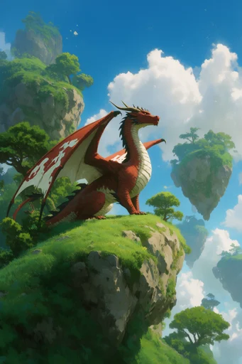 Vibrant Ghibli Fantasy style reference image — fluffy cumulus clouds