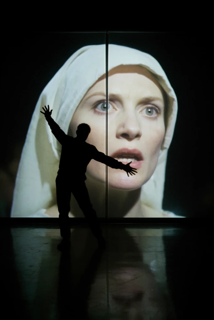 A stark silhouette of a person with outstretched arms stands before a towering projection of a woman's face in a pitch-black room. The shadowy foreground figure poses dynamically, one arm raised diagonally to the left and the right hand splayed with spread fingers. Behind them, the large-scale projection displays a luminous close-up of a pale-skinned woman wearing a white fabric head covering, her light-colored eyes wide and lips slightly parted in an intense expression. A thin vertical line bisects the screen, while the glossy floor below captures a dim reflection of the glowing face and the shadowed figure. The cinematic, high-contrast composition juxtaposes the immense, bright portrait with the sharp human silhouette against a deep expanse of blackness.