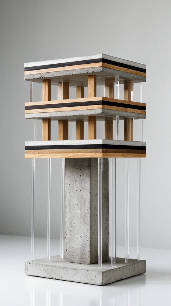 A multi-tiered architectural sculpture stands on a glossy white floor against a pale gray wall. The structure features a rectangular base supporting a thick concrete pillar and clear acrylic rods. Three stacked horizontal slabs form the upper levels, constructed from layered concrete, light wood, and dark bands. Vertical wooden beams and transparent acrylic panels separate these elevated tiers. Soft studio lighting highlights the contrasting textures of porous concrete, warm wood grain, and sleek transparent components.