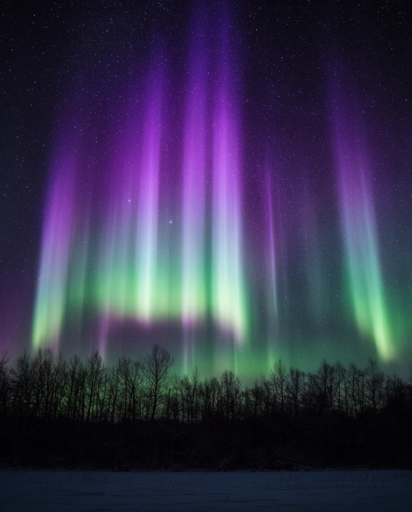 vivid purple and green aurora borealis in a starry night sky, vertical light pillars, black silhouetted winter treeline, dark snowy field foreground, landscape astrophotography