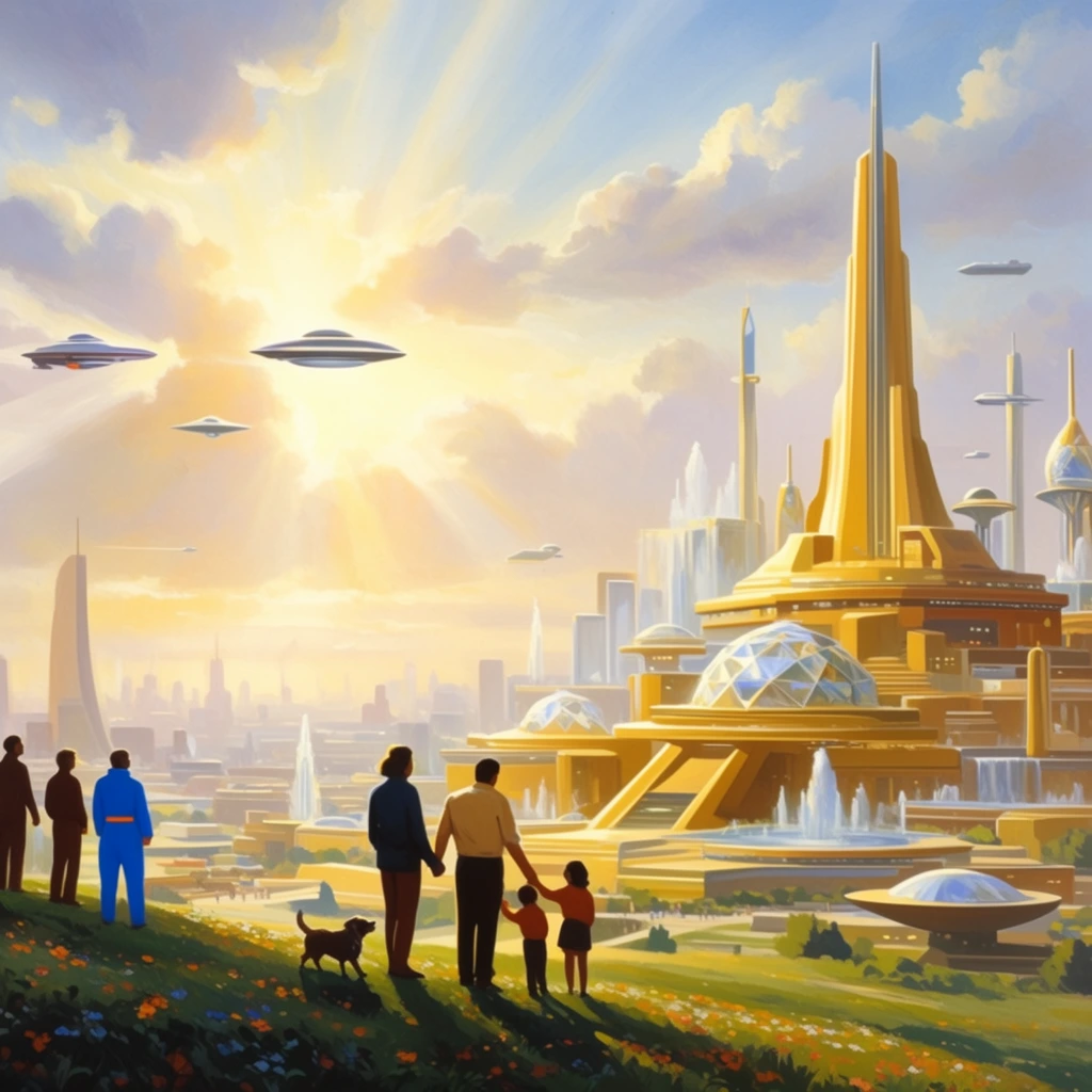 A retro-futuristic utopian cityscape basking in the glowing rays of a brilliant sunrise. In the foreground, silhouettes of people stand on a rolling, flower-speckled grassy hill, gazing toward the metropolis. A central group of two adults and two children hold hands alongside a small dog, while another group to the left includes a figure in a vivid blue jumpsuit. The sprawling, advanced city is dominated by a massive, multi-tiered golden complex on the right, featuring towering spires, geometric platforms, and crystalline domes. Fountains of water cascade near the structures. Above, sleek flying saucers and ships glide through a pale blue sky dotted with soft, voluminous clouds pierced by radiant sunbeams. The painted illustration style uses a warm, harmonious color palette of golds, soft blues, and greens to convey a serene, advanced civilization.