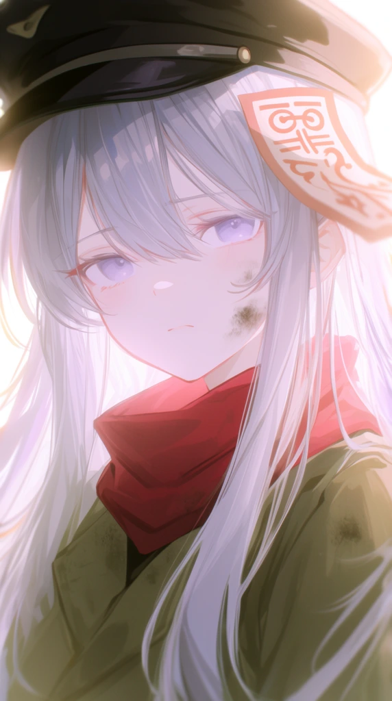 close-up anime portrait, young woman, long silver hair, pale purple eyes, dark peaked cap, olive green coat, red scarf, paper talisman, melancholy expression, dirt smudge on cheek, soft luminous lighting, bright backlight, pastel palette