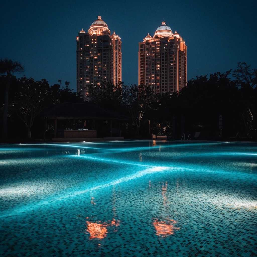 glowing cyan swimming pool at night, bright underwater lights casting sweeping beams across mosaic floor tiles, warm orange reflections on rippling water, dark silhouetted trees and pavilion in midground, two towering illuminated high-rise buildings with domed roofs against a deep blue night sky, high contrast cinematic photography
