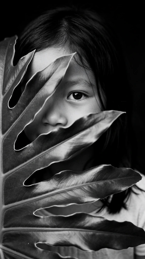 black and white portrait of a young girl peering from behind a large deeply lobed leaf, prominent glossy leaf veins in the foreground, single intense eye gazing directly at the viewer, dark hair framing the face, pitch black background, high contrast lighting, intimate cropped composition, dramatic monochromatic photography