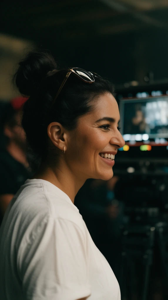 smiling woman in profile, dark top knot, sunglasses on head, white t-shirt, blurred dark film set background, production monitor, shallow depth of field, candid cinematic photography