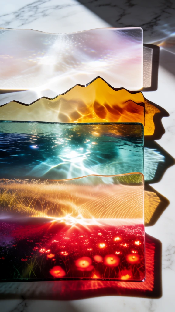 minimalist top-down landscape rendered through refracted glass caustics on a white marble surface, composed of horizontal layers with soft pale cloud-like light, jagged amber mountain shadows, shimmering teal lake ripples, textured golden field patterns, and a foreground of ruby red floral light spots, capturing the same luminous quality and high-contrast play of light as the original glass objects, clean lines, elegant abstract aesthetic, vibrant colors, sharp focus.