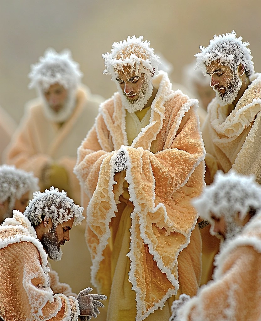 macro photography style, cluster of men in textured robes standing and kneeling, intricate hoarfrost and white ice crystals coating every fabric edge, warm ochre and golden-tan color palette, soft-focus neutral beige background, delicate crystalline details, diffused ethereal lighting, cinematic shallow depth of field, high-contrast texture between white frost and warm textiles, serene frozen atmosphere, organic layered composition, tactile hyper-realism