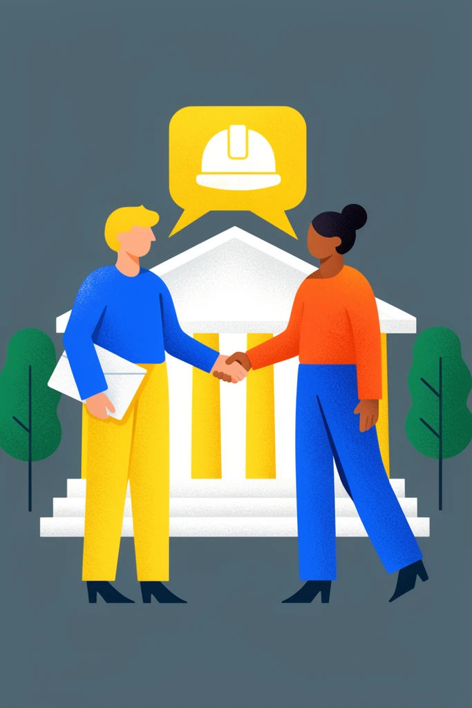 flat vector illustration with stippled texture, two stylized figures shaking hands, blonde person in blue shirt and yellow trousers holding portfolio, person with dark hair bun in orange shirt and blue trousers, yellow speech bubble containing white hard hat icon, white building with yellow columns, two green trees, solid slate gray background