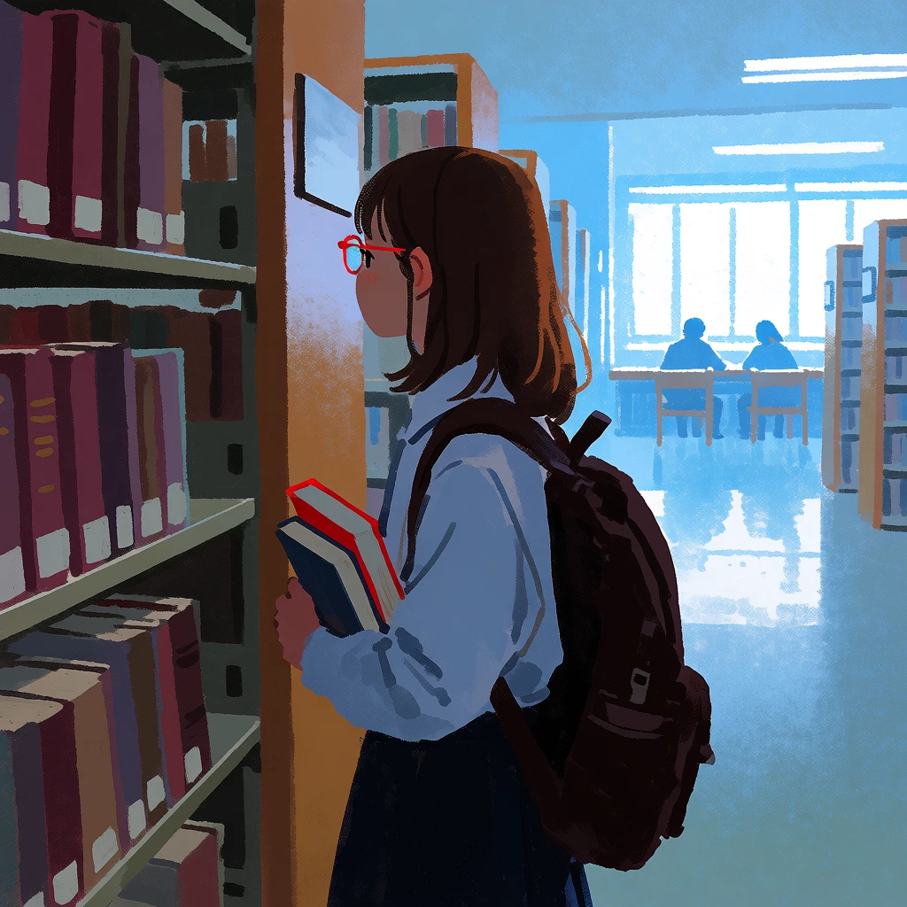 A young student with red glasses and a backpack stands in a library aisle holding books, looking toward a brightly lit study area. The girl, viewed from the side, has shoulder-length brown hair and wears thin, red-rimmed glasses. She is dressed in a light blue long-sleeved collared shirt and a dark skirt, with a large, dark brown backpack secured over her shoulders. She holds two books against her chest; the top one has a bright red spine, while the one underneath is dark blue. To her left, a tall wooden bookshelf stands filled with numerous volumes in shades of burgundy, purple, and brown, some featuring small white rectangular labels on the shelf edges. The background to her right transitions into a wide, open library space bathed in a bright, hazy blue light. In the distance, two silhouetted figures sit at a table in front of a large window that emits a strong, white glow. The scene is rendered as a digital painting with a distinct painterly texture and grainy finish. The lighting creates a high-contrast environment where the foreground elements are in soft shadow against the overexposed light from the background window. The color palette is dominated by cool blues and muted browns, with the red of the girl's glasses and the book providing a sharp focal point.