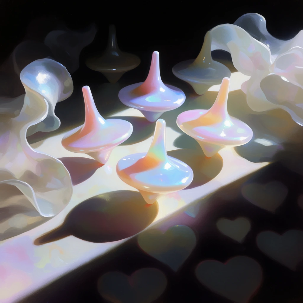 Several small spinning tops balance on a heart-patterned surface, rendered in a luminous, hyper-volumetric digital painting style defined by dramatic chiaroscuro and iridescent opalescence. The tops exhibit smooth, translucent textures of polished porcelain, intercepting a harsh, striking diagonal light beam that produces gleaming specular highlights in soft pink, pearlescent blue, and bright white. The underlying surface displays repeating heart motifs emerging from a deep, velvety pitch-black void, partially illuminated by glowing directional light while the remainder falls into heavy shadow. Framing the tops are undulating, semi-translucent, ribbon-like abstract forms of diaphanous white material, casting sharp, deeply saturated shadows across the composition. The execution merges classical oil painting techniques with an ethereal aesthetic, utilizing vivid subsurface scattering, luminous color gradients, and meticulous, buttery brushstrokes to amplify the intense contrast between the brilliantly illuminated focal points and the surrounding abyss.