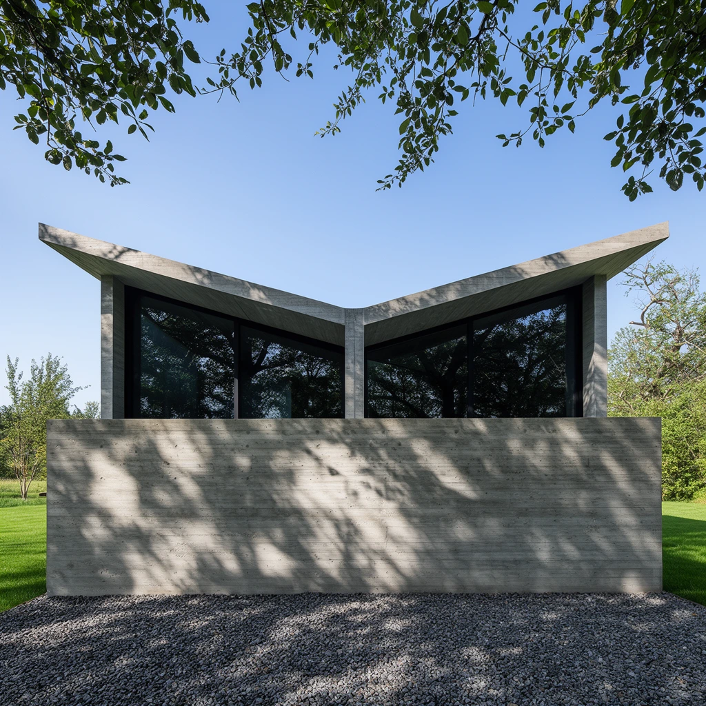 modern concrete pavilion, inverted butterfly roof, expansive dark glass windows reflecting foliage, solid horizontal concrete privacy wall, dappled tree canopy shadows on sunlit textured concrete, crushed gravel foreground, vibrant green lawn, framed by overhanging leafy branches, clear blue sky, symmetrical frontal perspective, architectural photography