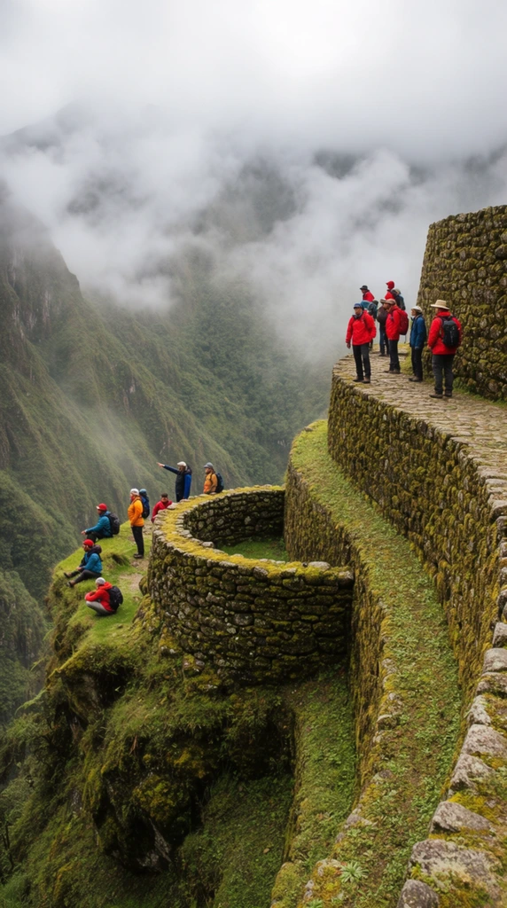 Hikers explore ancient, moss-covered stone terraced ruins overlooking a steep, foggy mountain valley. On the upper right, a group in bright red jackets stands along a prominent curved, dry-stone pathway. Below left, a second group rests on a grassy outcropping near a semi-circular stone wall, one pointing toward the deep gorge. The massive, tiered stone walls are heavily textured with moss, blending into the rugged hillside. The landscape drops precipitously into a vast abyss with slopes covered in dense green vegetation. Thick, low-hanging white clouds roll through the valley, obscuring distant peaks. The wide-angle landscape photography uses a high vantage point to emphasize the immense scale of the terraced architecture, contrasting earthy greens with vibrant pops of colorful outdoor gear.