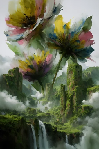Monolithic Overgrown Futurism style reference image — high-angle vertical perspective