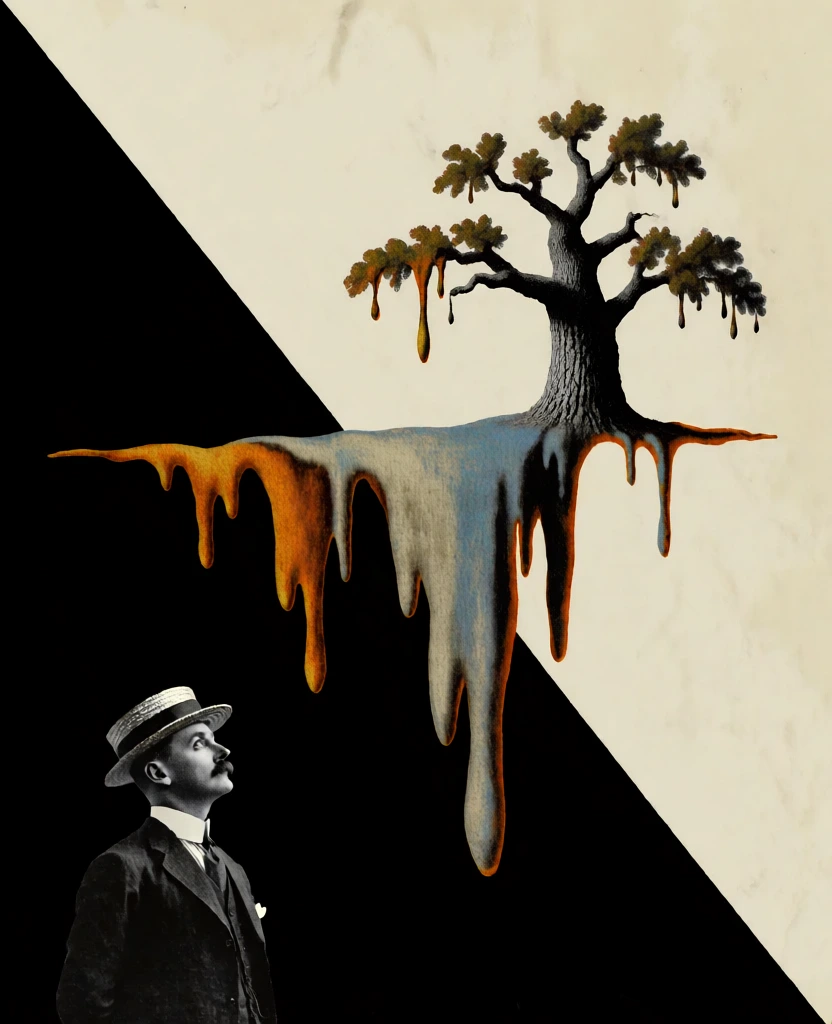 minimalist surrealist photo-montage, sharp diagonal division between deep obsidian black and textured cream parchment, a gargantuan melting oak tree with liquid boughs and a sagging trunk draped across the composition, a grain-heavy monochromatic 1920s man in a suit and straw boater hat positioned in the bottom-left corner gazing upward, high-contrast flat lighting, tactile paper grain, distressed halftone textures, salvador dalí inspired warp, vintage newsprint aesthetic.