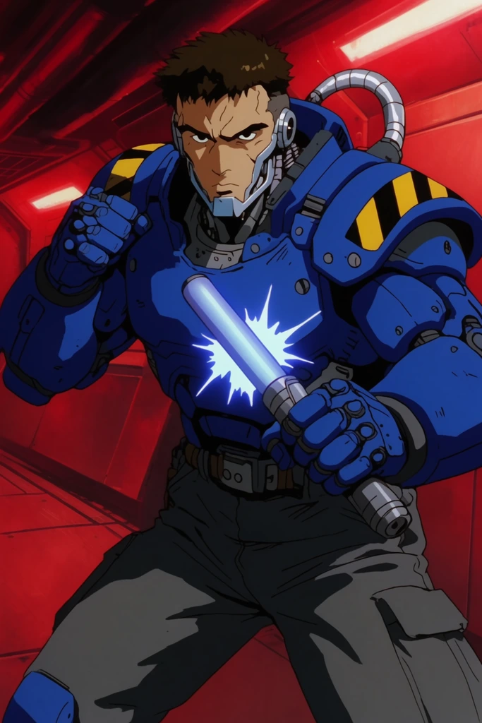 A rugged male cyborg with a metallic jawline stands in a defensive martial arts stance holding a sparking electro-baton. He wears bulky cobalt-blue power armor with yellow hazard stripes, a silver shoulder cable, and dark grey cargo pants. He poses against a stark, angled metallic corridor illuminated by harsh crimson emergency lighting. The image features a classic 90s cel-shaded anime art style with bold linework, flat vibrant colors, and sharp, high-contrast shadows.