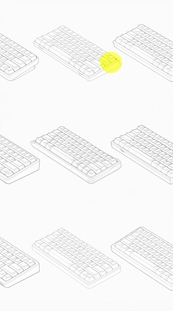 A 3x3 grid of mechanical keyboards rendered as clean, technical line drawings against a stark white background. Viewed from an isometric angle, the nine compact keyboards display identical keycap layouts but subtly different chassis designs featuring varying edge bevels, side profiles, and corner geometries. The minimalist artwork consists entirely of precise, thin black wireframe outlines without shading. Breaking the monochrome palette, a semi-transparent bright yellow circle highlights the top right corner of the top-center keyboard casing.