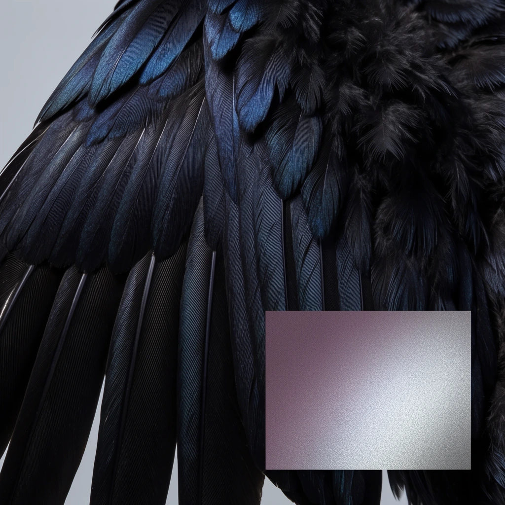 An extreme macro photograph capturing a dense cascade of jet-black bird feathers against a minimalist light gray background. The composition juxtaposes long, rigid flight feathers on the left with softer, downy plumes clustered in the upper right. Subtle iridescent blue highlights catch the studio lighting across the finely detailed feather barbs and central shafts. In the lower right quadrant, a sharp-edged rectangular swatch overlays the organic forms, displaying a fine, grainy gradient that transitions from muted mauve to luminous silver. The crisp focus heavily emphasizes the intricate, repeating linear textures of the avian plumage.