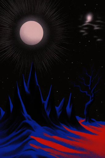 Nocturnal Esoteric Surrealism style reference image — electric blue and crimson
