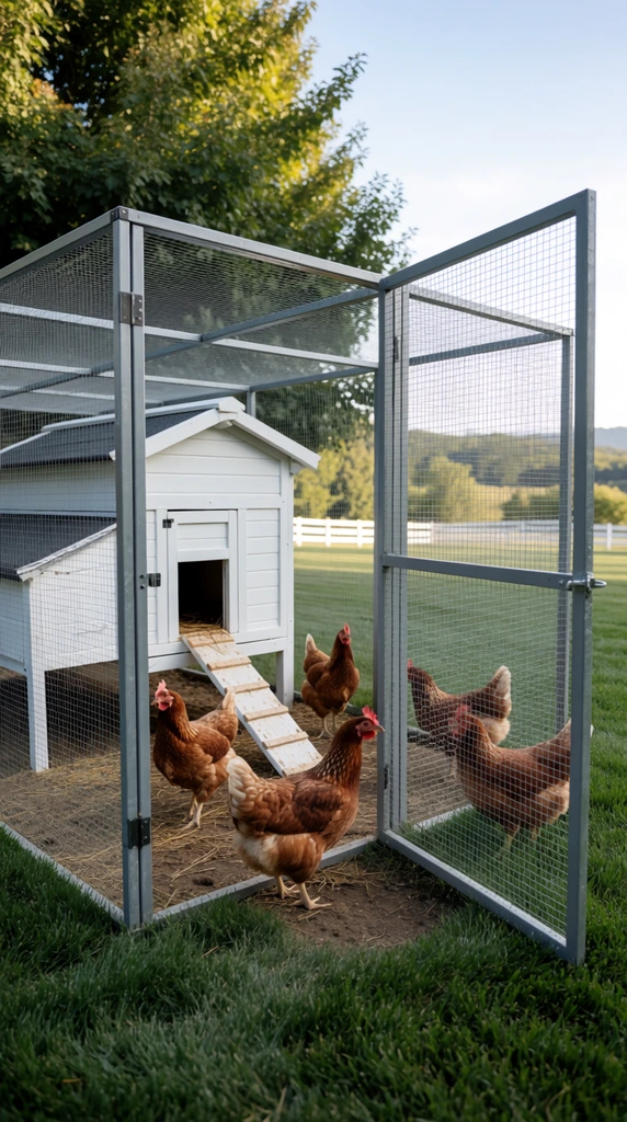 A rectangular wire-mesh enclosure stands open on a manicured lawn, housing five brown hens. The pen features a grey metal frame with a large gate swung outward. Inside rests a white wooden coop with a slanted roof and a cleated wooden ramp leading to a dark entrance. The hens forage on dry, straw-scattered dirt and along the grassy boundary. Natural daylight illuminates the scene, revealing lush background trees, a distant white fence, and rolling hills beneath a pale blue sky.