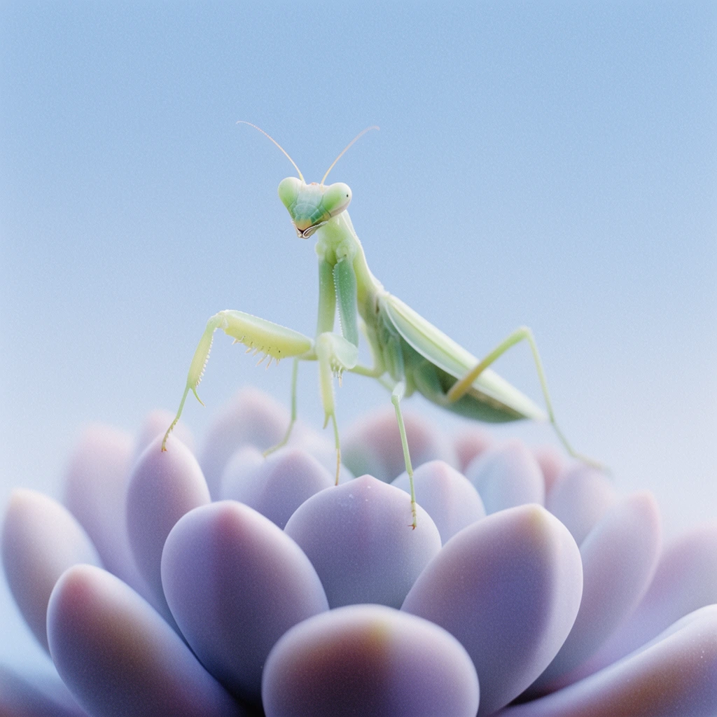 A pale green praying mantis stands poised with raised forelegs on the thick, rounded petals of a soft lavender succulent. Extreme macro photography captures the ethereal scene with a shallow depth of field, diffused lighting, a smooth pastel blue background, and fine film grain.
