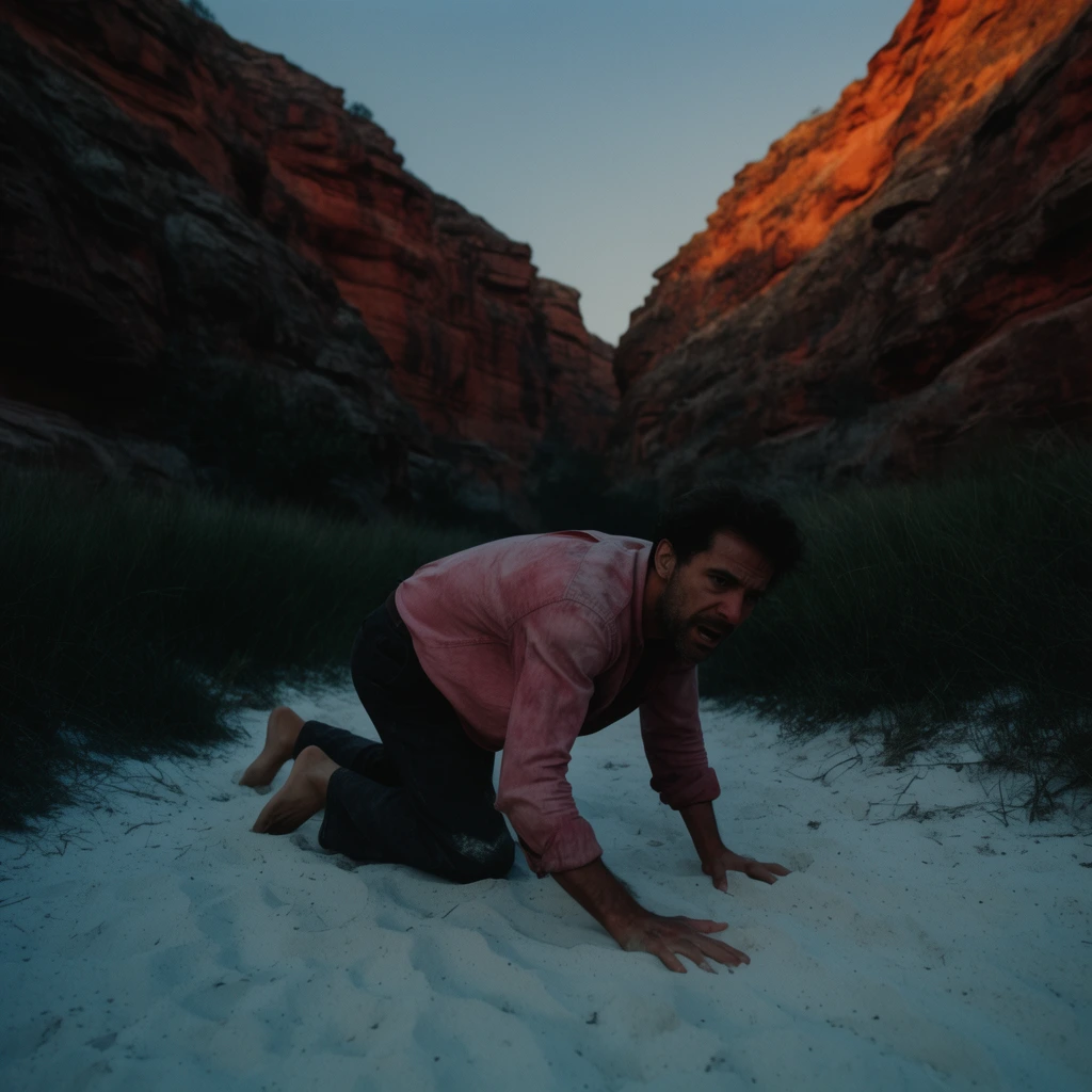 barefoot man crawling on white sand, faded pink shirt, dark trousers, tense expression, narrow canyon floor, dark grass, reddish-orange rocky cliffs, cool dim foreground shadows, warm sunlight on upper cliffs, dusk atmosphere, cinematic widescreen