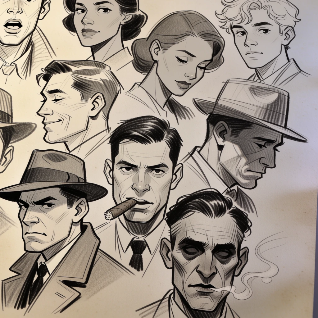 A collection of graphite-style character sketches features various male and female faces with expressive features and diverse headwear on a single sheet of paper. In the lower-left corner, a man wearing a wide-brimmed fedora and a collared coat gazes toward the left with a stern, furrowed brow. Immediately to his right, a man with short dark hair stares forward intensely while holding a thick cigar in his mouth. Below and to the right of the cigar-smoking man is a third male face with slicked-back hair and deep-set, dark eyes, accompanied by faint wisps of smoke curling from his lips. Above the central figures, another male head is drawn in profile, showing a slight smile with closed eyes and neatly combed hair. To his right, a different man wearing a brimmed hat is sketched in profile, looking downward with heavy shading across his facial features. The upper portion of the page includes a woman’s face in three-quarter view with a neutral expression, a second woman’s face tilted downward to the side, and a young man with ruffled, light-colored hair looking slightly toward the left. A partial sketch of a face with an open mouth is visible in the top-left corner. The drawings utilize varying line weights and cross-hatching for shading, creating a sense of volume and form in a comic-book illustrative style. The entire ensemble is arranged on a light-toned, textured paper surface that receives soft lighting from the top-left, casting a gentle gradient shadow toward the right side of the composition.