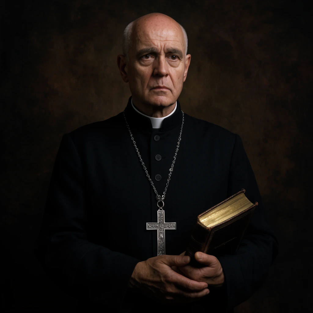 portrait of a bald older priest with a somber expression, wearing a black cassock and white collar, heavy silver cross necklace, holding a thick leather-bound book with gold-edged pages, dark mottled brown backdrop, dramatic low-key lighting, chiaroscuro, classical fine art photography, sharp facial details, moody cinematic atmosphere