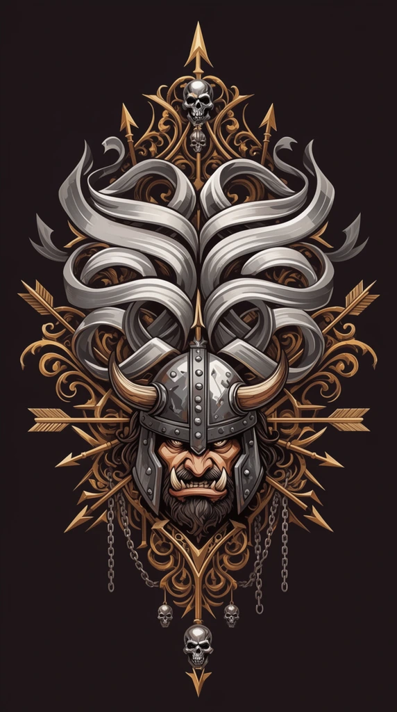 A symmetrical gothic fantasy emblem on a solid dark background. A fierce, tusked warrior face wearing a riveted horned iron helmet anchors the base of the design. Arching prominently above the head is a massive arrangement of thick, interlocking silver ribbons with sharp, sweeping flourishes. Elaborate golden filigree surrounds the entire composition, heavily accented by intersecting horizontal arrows, sharp geometric spikes, and dangling chains. Small metallic skulls decorate the topmost peak and bottom hanging pendants. The crisp vector illustration relies on high-contrast metallic gradients in bronze, silver, and gold.