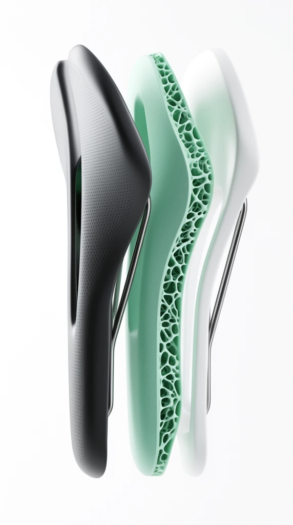 An exploded side profile view of an ergonomic bicycle saddle separating into three curved vertical layers against a stark white background. The outermost dark grey shell features a dimpled surface texture and a long central cutout. A thick mint green middle layer reveals an intricate organic cellular lattice structure along its exposed edge. The smooth white base layer connects to thin metallic mounting rails. High-key studio lighting highlights the sleek modern industrial design, minimalist composition, and internal geometric volumes.