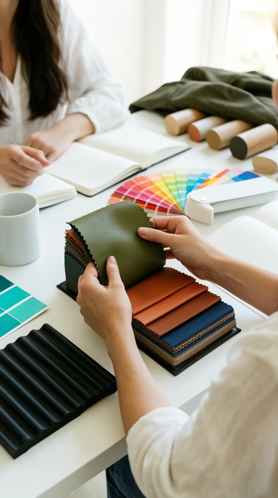 hands holding an olive green leather swatch from a thick sample book of terracotta and navy materials, crisp white desk covered in creative tools, white ceramic mug, open notebooks, teal paint chips, vibrant rainbow color fan deck, black corrugated texture, two gently blurred figures sitting opposite, long dark hair with white blouse, olive jacket near wooden cylindrical samples, bright natural daylight, shallow depth of field, over-the-shoulder perspective, high-key lifestyle photography