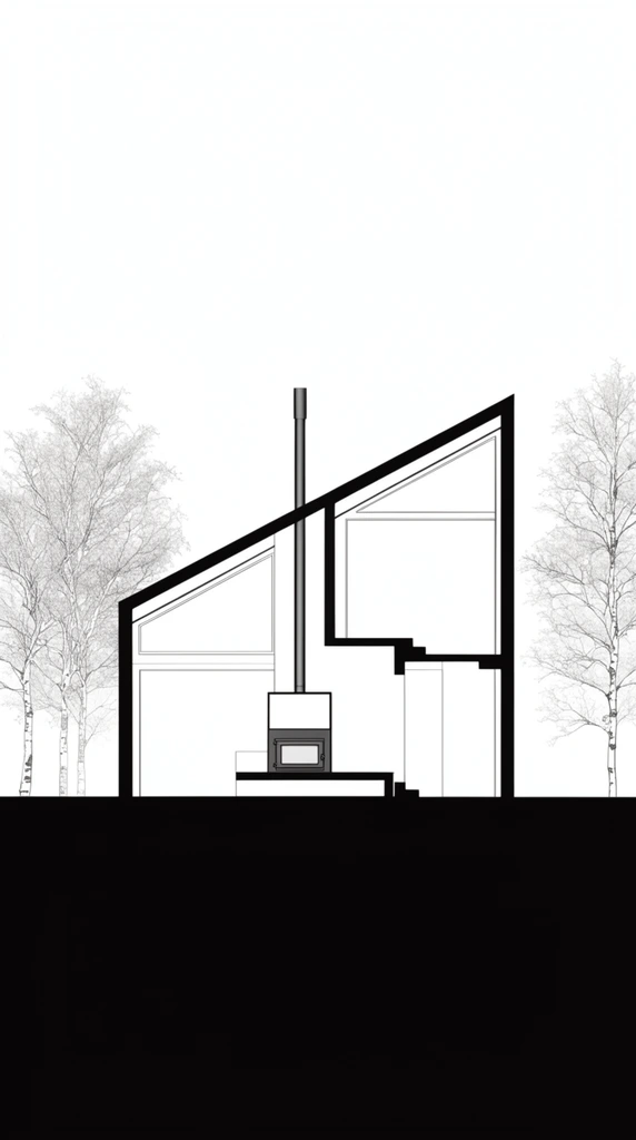 A minimalist architectural section drawing of a modern, angular building anchored by a solid black horizontal ground plane. The structure, defined by thick black outlines, features a dramatically sloped roof, stepped interior platforms, large windows, and a central stove with a tall vertical flue. Three deciduous trees, rendered in delicate, fine linework, flank the bold geometric architecture on the left and right, contrasting sharply with the heavy structural lines and the stark white background.