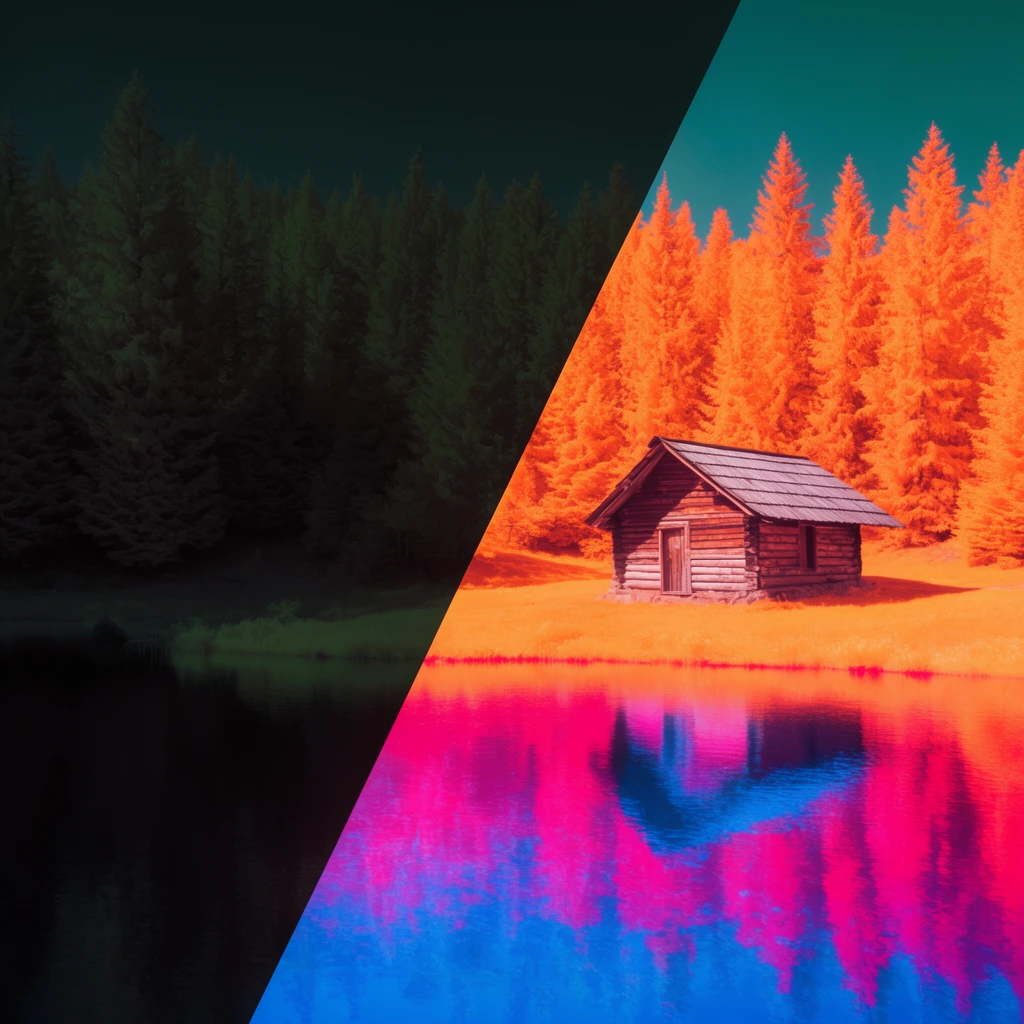 A landscape bisected by a sharp diagonal line. The vibrant right side features a surreal infrared palette of blazing orange pine trees, a rustic wooden log cabin, a teal sky, and a brilliant magenta and blue lake reflection. The dark left wedge contrasts with heavily underexposed shadows, revealing muted deep green tree silhouettes and black water.