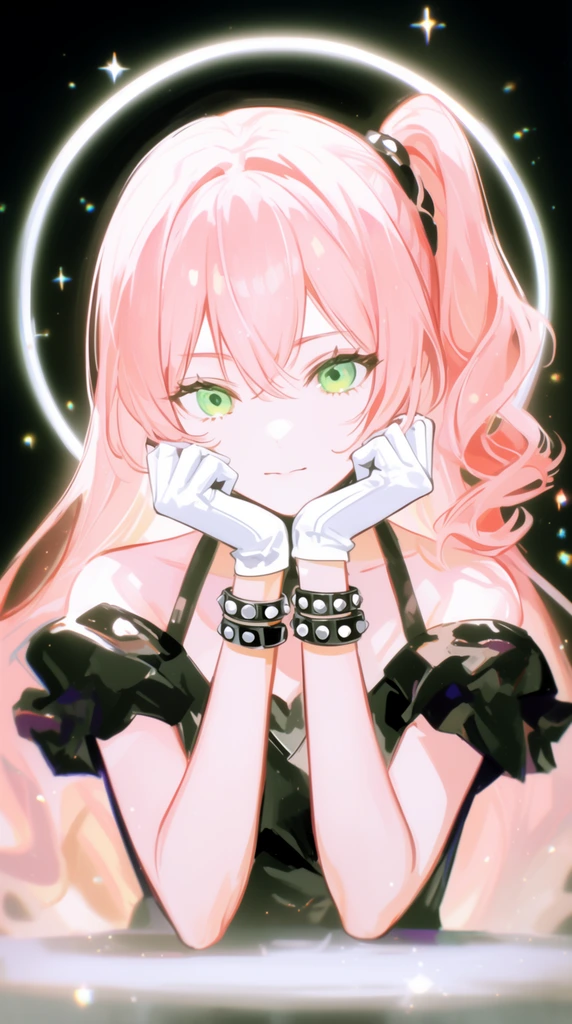 Anime illustration, young woman, light pink hair, side ponytail, green eyes, resting chin on white gloved hands, studded bracelets, black dress, glowing white circle, dark background, floating sparkles