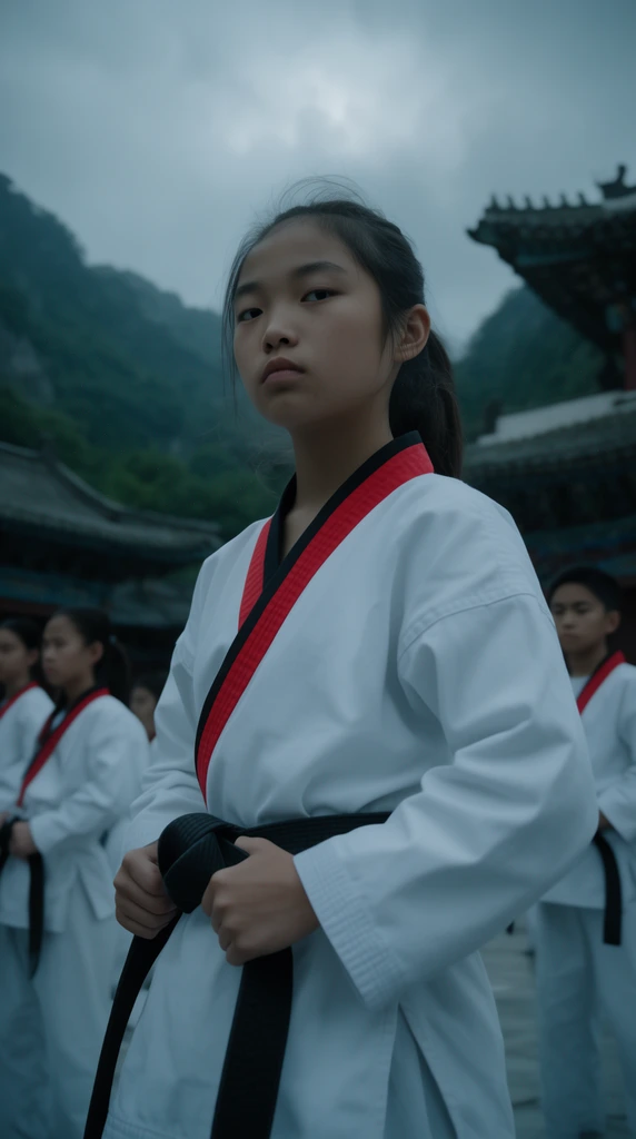 A young East Asian martial artist grips her black belt in the foreground, wearing a crisp white uniform with a red and black V-neck. Captured from a cinematic low angle, her focused expression commands attention. The blurred background reveals other youths in similar attire standing before traditional East Asian architecture with curved roofs. Lush green mountains and an overcast sky complete the scene, rendered in a cool, desaturated color palette.