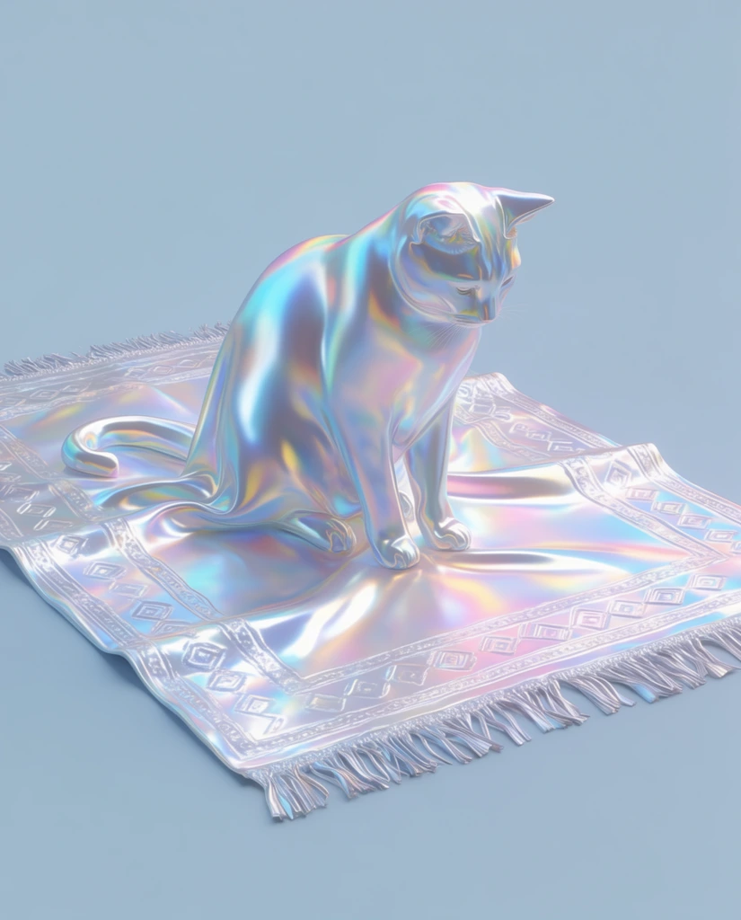 A cat looking down at a patterned rug with fringe, both elements rendered as smooth, iridescent holographic forms resembling draped metallic fabric. The cat and the rug exhibit soft, undulating folds and a pearlescent sheen, casting vivid prismatic reflections of cyan, magenta, and yellow across their hyper-smooth surfaces. The rug's geometric patterns and edge fringe are embossed directly into the glossy, foil-like texture. The gleaming subjects are centrally framed within an infinite, seamless, flat matte pastel blue space. Soft, diffused omnidirectional studio lighting creates smooth specular highlights on the highly reflective material, emphasizing a surreal, pristine 3D-rendered digital aesthetic with a slightly elevated, isometric camera angle.