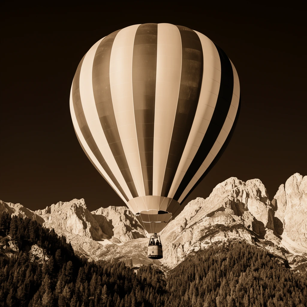 large vertically striped hot air balloon over rugged mountain peaks, dense pine forests, solid dark sky, warm sepia monochromatic photography, high contrast, sharp focus