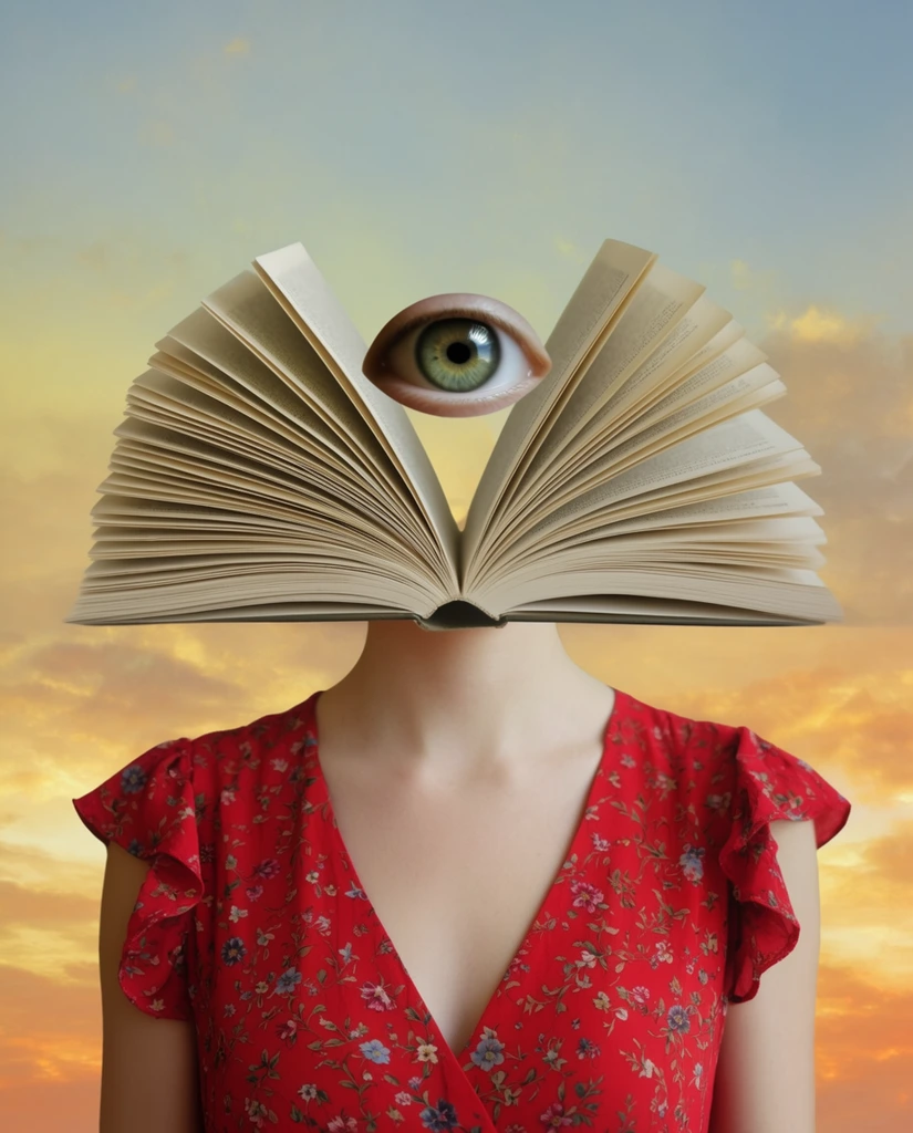 A surreal portrait of a figure whose head is replaced by an open book with symmetrically fanned pages. Centered within the vertical cleft of the pages floats a single oversized, realistic human eye with a green iris. The figure has a fair-skinned neck and wears a vibrant red V-neck dress adorned with a delicate floral pattern and ruffled cap sleeves. The background features a soft twilight sky transitioning from pale blue to hazy golden-yellow and warm orange clouds. The seamless digital collage combines photorealistic textures with dreamlike staging under soft, diffused ambient light.