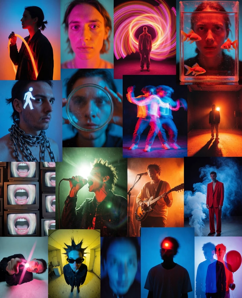 A vibrant collage of sixteen experimental portraits and... | Krea