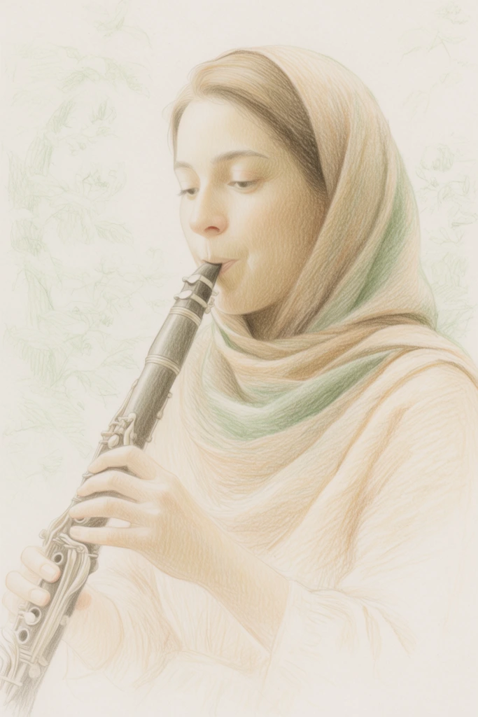 A delicate fine-art colored pencil drawing features a woman wearing a headscarf playing a clarinet. The central figure is rendered from the torso up with meticulous, feathery linear shading and precise directional hatching, building soft textures across her facial features, the draped fabric of the headscarf, and the cylindrical body and intricate keys of the instrument. The color palette relies entirely on soft, desaturated earthy tones of pale beige, light ochre, and muted tan, interspersed with subtle accents of pale sage green. Diffuse, high-key lighting creates gentle gradients formed by dense, tactile pencil strokes. The background consists of ethereal, lightly sketched environmental line art drawn exclusively in faint green pencil, dissolving smoothly into an expansive off-white paper texture. The composition possesses an airy, serene atmosphere characterized by highly visible pencil grain and a vintage illustration aesthetic.